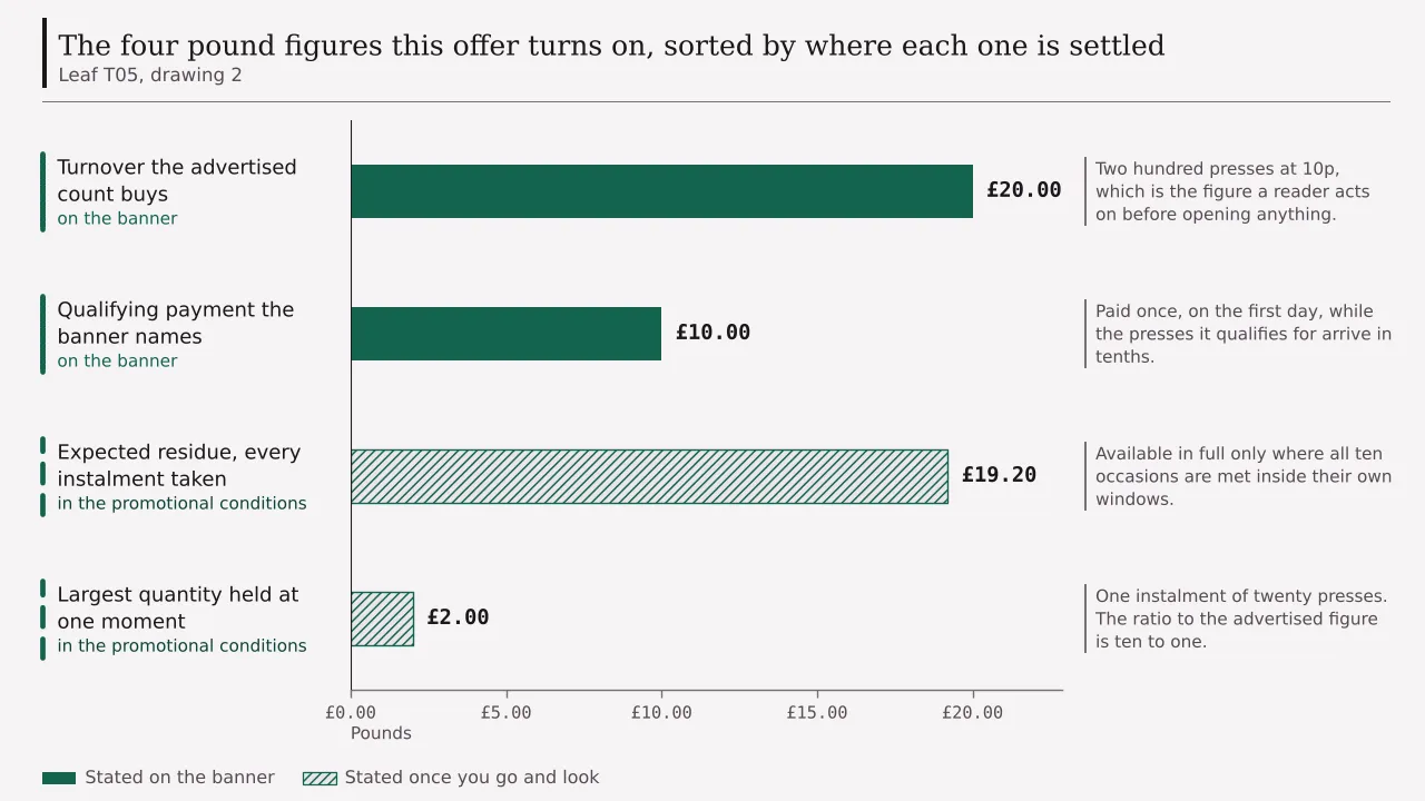 Four pound quantities from one offer sorted by where each is settled: twenty pounds of turnover and a ten pound qualifying payment on the banner, nineteen pounds twenty of expected residue and a two pound largest holding in the written conditions.
